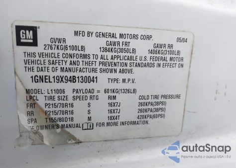 2004 Chevrolet Astro from USA, damaged, VIN 1GNEL19X94B130041